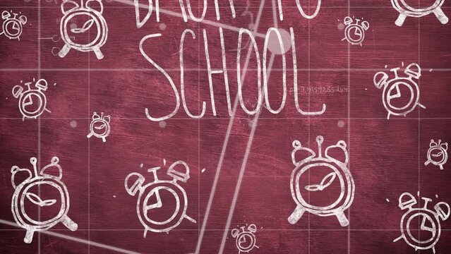 Animation of back to school text and falling alarm clocks over red background