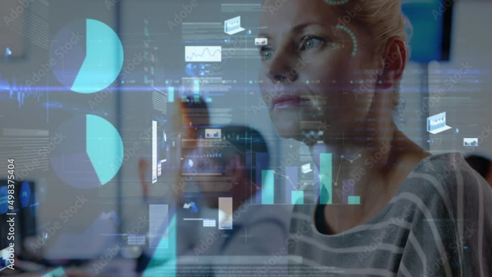 Poster animation of financial data processing over diverse business people using computers