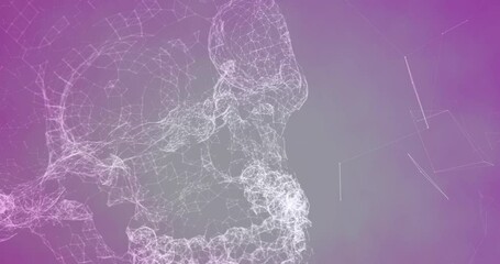 Digital animation of network of connections forming a human skull against purple gradient background