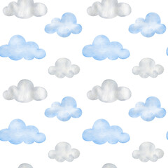 seamless pattern with blue clouds. Watercolor sky on a white background. Cartoon print for children's fabric, paper, textiles, scrapbooking