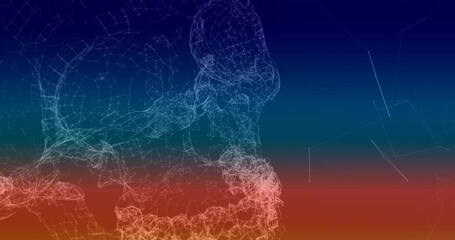 Animation of 3d human skull and network of plexus connections on blue background - Powered by Adobe