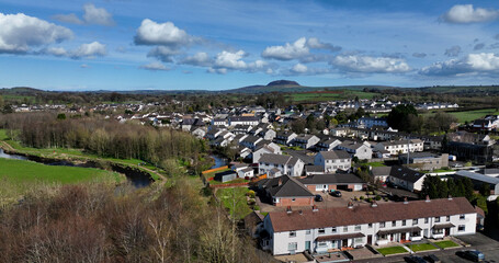 Aerial photo of Broughshane village Residential areas St Patricks Slemish Mountain in background Antrim N Ireland