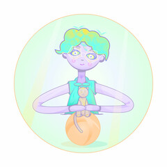 Colorful girl with big glasses holding a cat, kitten standing on a ball on sunny bright summer or spring day. Smiling young stylish woman hugging a cat pet, located on circle background.