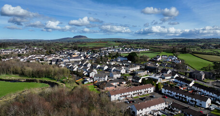 Aerial photo of Broughshane village Residential areas St Patricks Slemish Mountain in background Antrim N Ireland