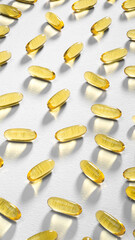 Sunlight passes through Omega-3 capsules lying on a white background. Caustics light. Fish oil softgels. Medical support and treatment. Biologically active additives. Stories format