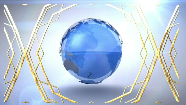 Animation of gold shapes over globe on white background