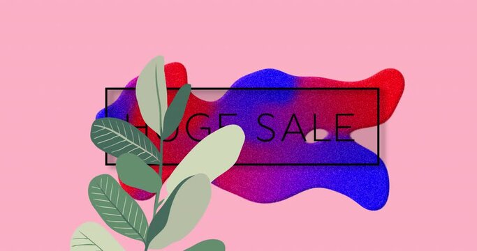 Animation of huge sale text over blue and red stain on pink background