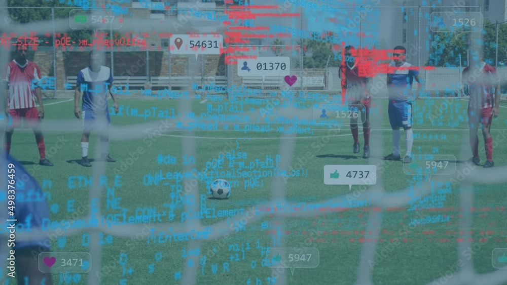 Poster animation of data processing and media icons over diverse group of soccer players