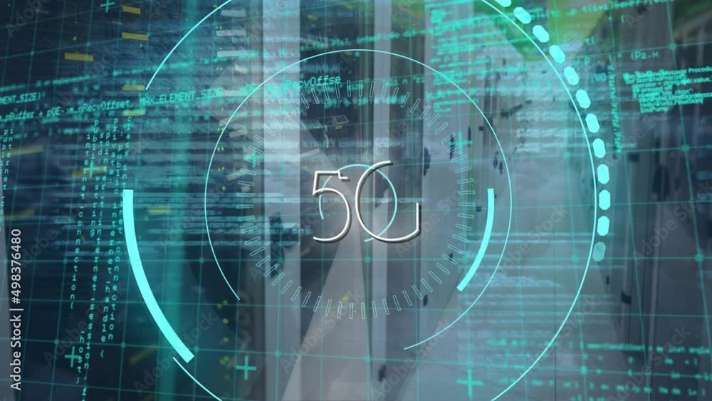 Poster animation of data processing and 5g text over server room