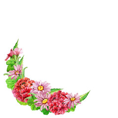 Geranium watercolor frame. Bouquet wreath, garland with copy space. Blooming pelargonium flower. Hand drawn illustration isolated on white background. Botanical design element. Houseplants.
