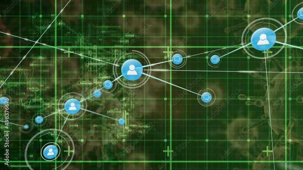 Poster network of digital icons over grid network against multiple covid-19 cells on green background