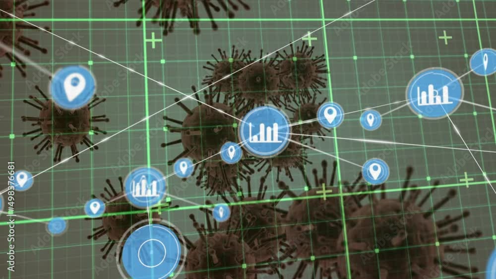 Poster network of digital icons over grid network against multiple covid-19 cells on grey background