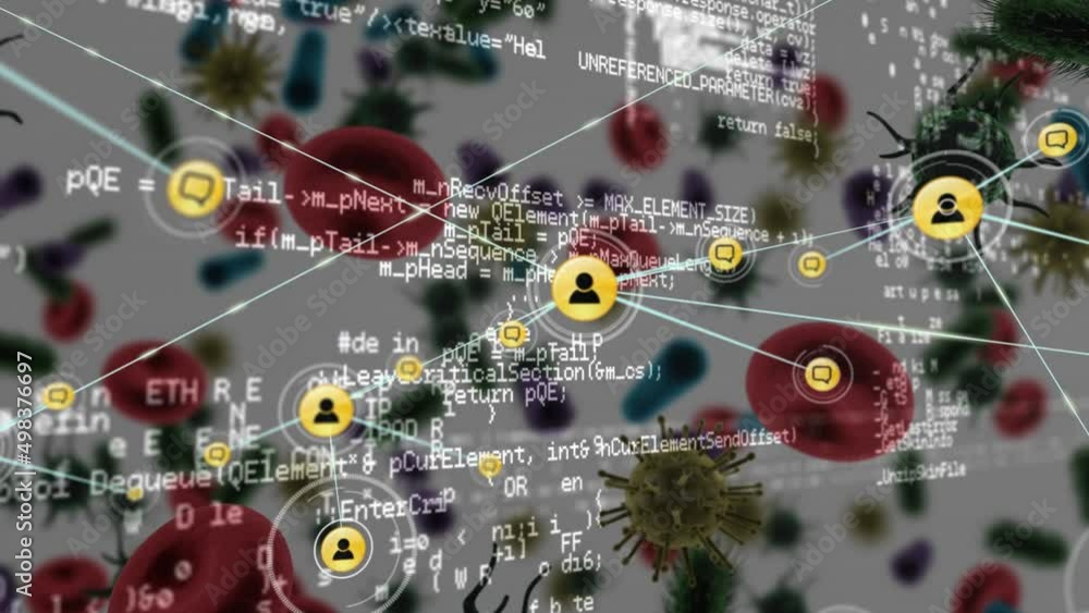 Poster network of profile icons and data processing against multiple covid-19 cells on white background