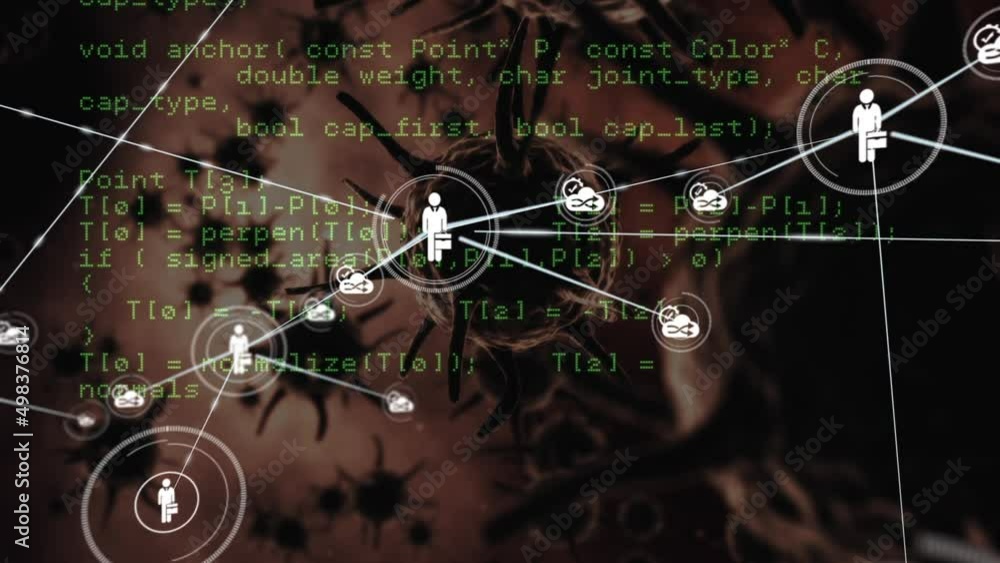 Poster network of digital icons and data processing against multiple covid-19 cells on brown background