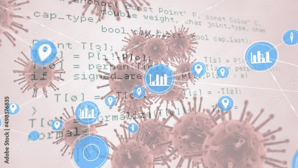 Poster network of digital icons and data processing against multiple covid-19 cells floating