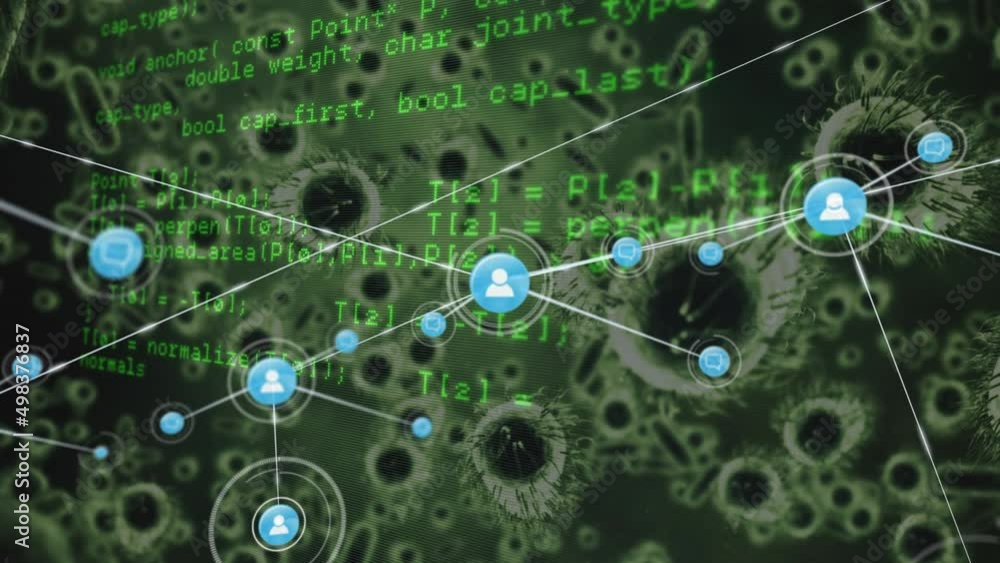 Poster animation of network of connections with media icons over virus cells