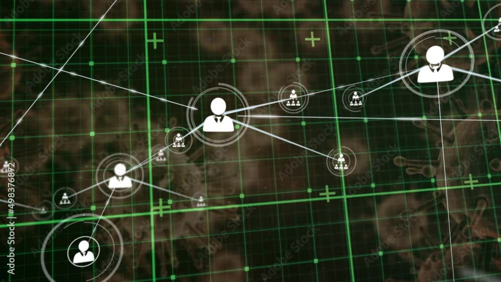 Poster network of profile icons over grid network against multiple covid-19 cells floating