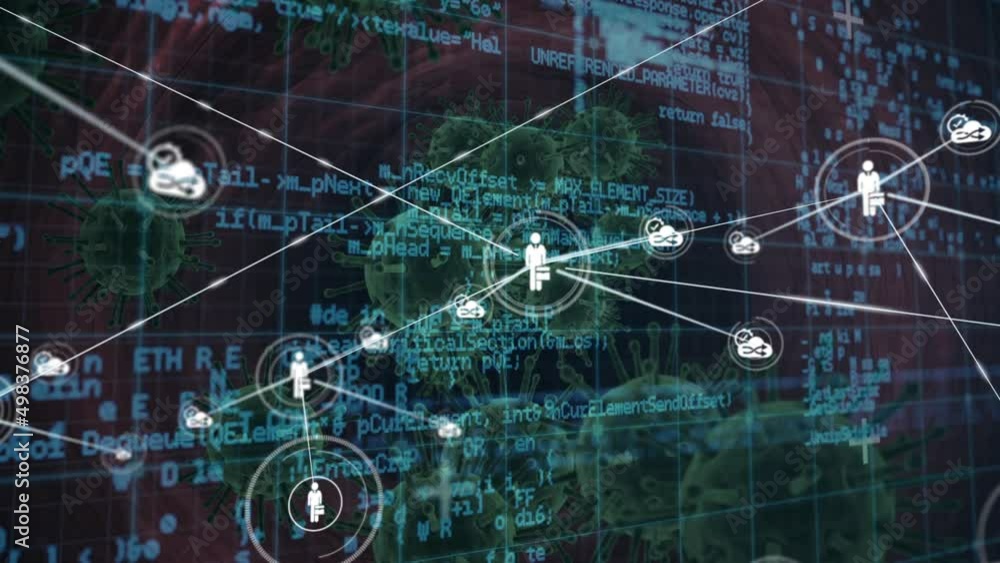 Poster animation of network of connections with media icons over virus cells