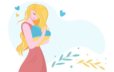 Obraz na płótnie Canvas Cute young girl - flat character hugging blue and yellow heart of Ukraine. Vector isolated design with a bright pensive woman in a pink dress. Isolated vector design for postcard, banner, landing page