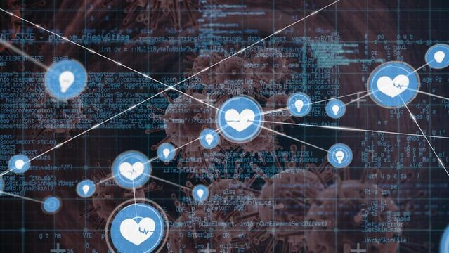 Animation of network of connections with media icons over virus cells