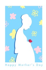 Happy Mother’s Day postcard illustration, mom with child, floral background 