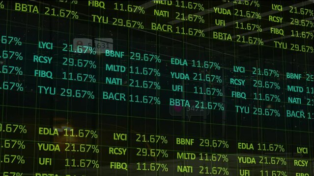 Animation of stock market and media icons on black background