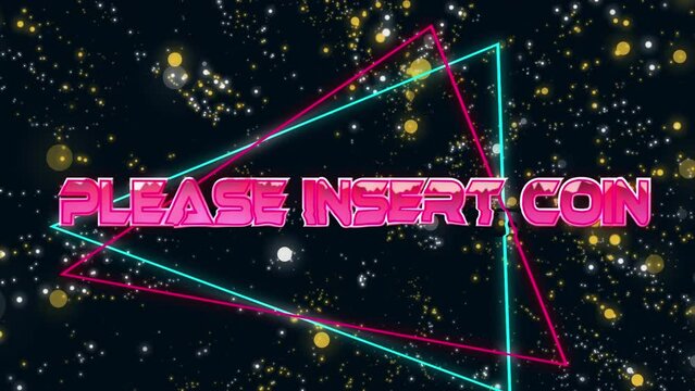 Animation of please insert coin text over light spots on black background