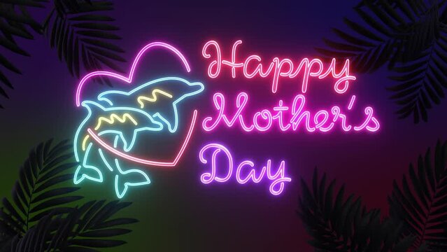 Mother's day tropical neon sign greeting with palm leaves 