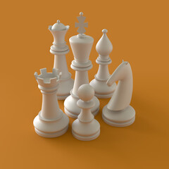 White Chess Pieces 3d Rendering Illustration Isolated on Orange Background