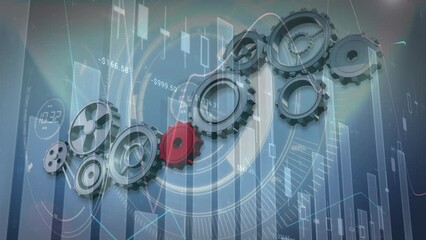 Animation of financial data processing over moving cogs