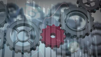 Animation of financial data processing over moving cogs