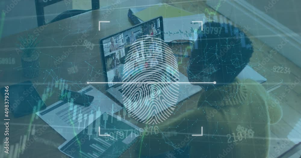 Aufkleber animation of data processing and security fingerprint over woman using laptop