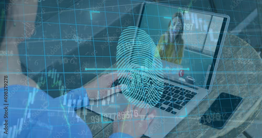 Poster animation of data processing and security fingerprint over woman using laptop