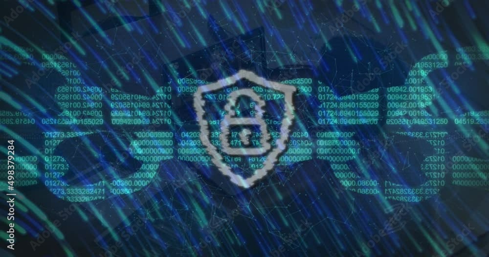 Poster animation of data processing and security padlock over woman using laptop