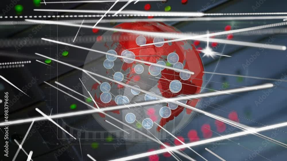 Aufkleber animation of network of connections and icons over dark background