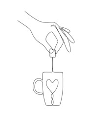 Single continuous line drawing brewing tea. Hand puts a tea bag in a cup to make a drink. Great for print, menu, postcard, invitation, advertisement. Sketch, line art. Vector illustration