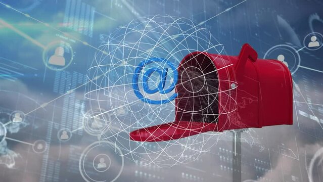 Animation of network of connections and icons over mailbox