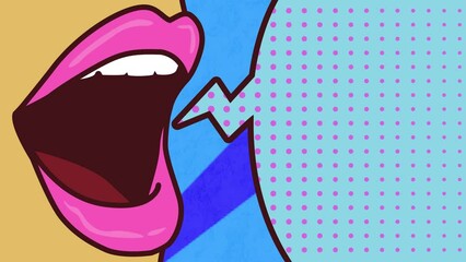 Animation of retro blue speech bubble and open mouth over blue stripes - Powered by Adobe