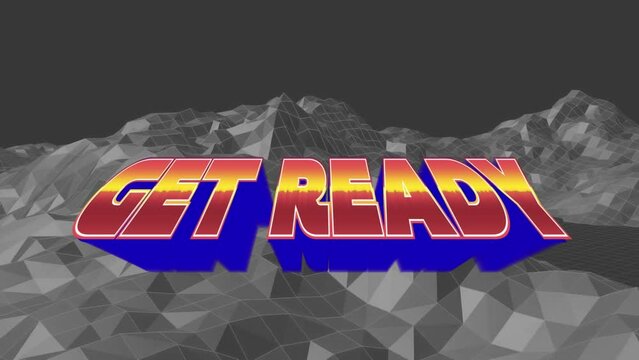 Animation of get ready text in red and blue letters over metaverse background