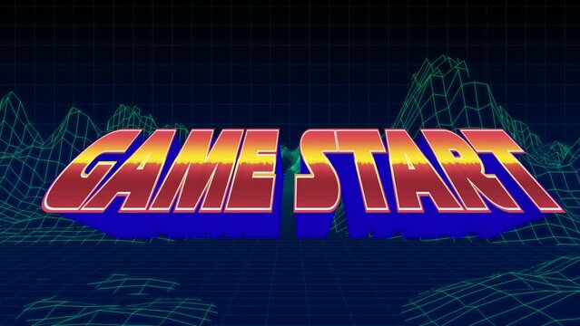 Animation of game start text in red and blue letters over metaverse background