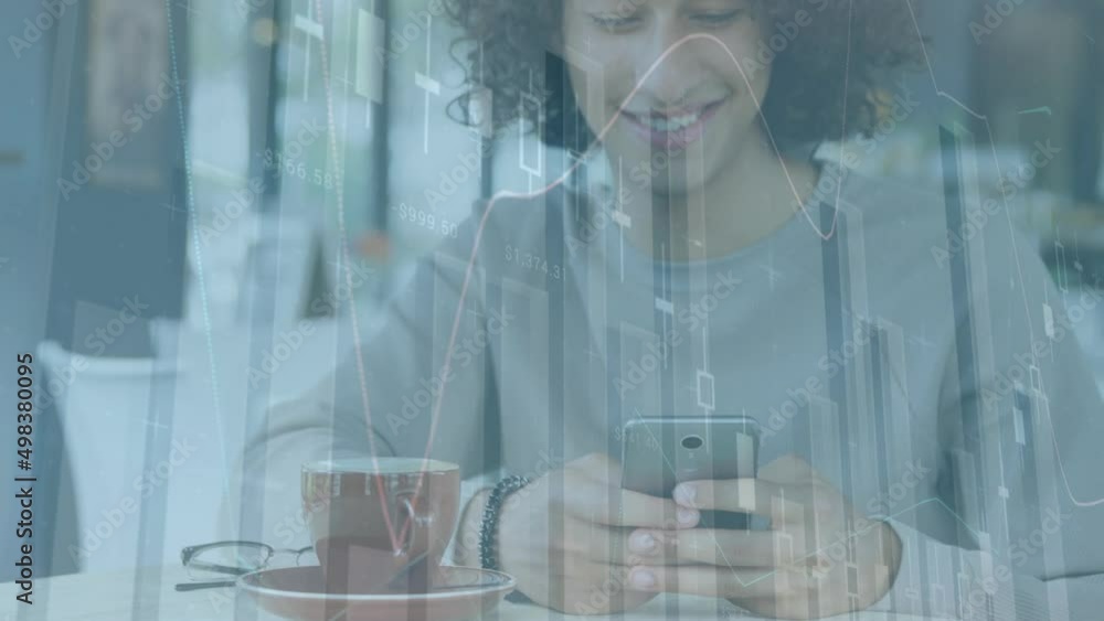 Poster animation of financial data processing over biracial man using smartphone