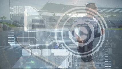 Animation of statistics and data processing over biracial male runner - Powered by Adobe