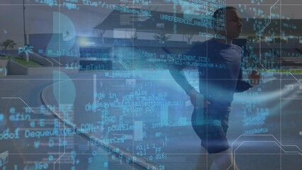 Animation of statistics and data processing over biracial male runner - Powered by Adobe