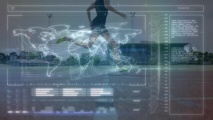 Animation of statistics and data processing over caucasian male runner - Powered by Adobe