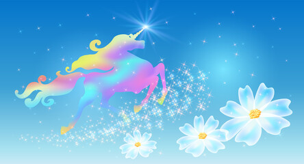 Unicorn with luxurious winding mane and transparent flowers against the background of the fantasy universe with sparkling stars