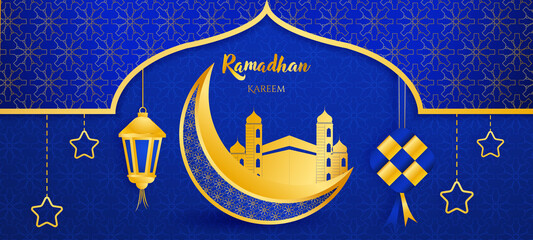 Ramadan kareem 2022 background. Paper cut vector illustration with lantern,mosque, window, star and moon, place for text greeting card and banner