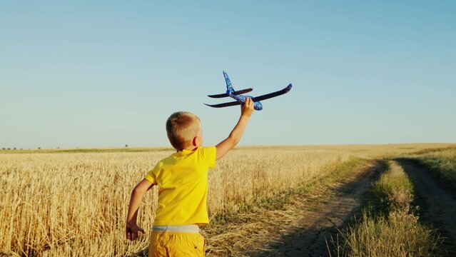 Child, boy, runs with toy airplane in summer through wheat field. Happy child running around in park, playing with toy airplane outdoors. Boy dreams of flying. Carefree child is playing. Happy family