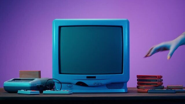 Old television with grey screen on purple neon background. Close-up of vintage tv and cartridges for retro playstation. Antique video game, nostalgia. 