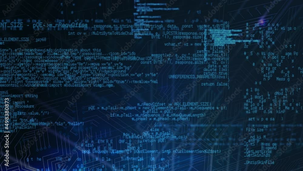 Poster animation of data processing and computer circuit board on blue background