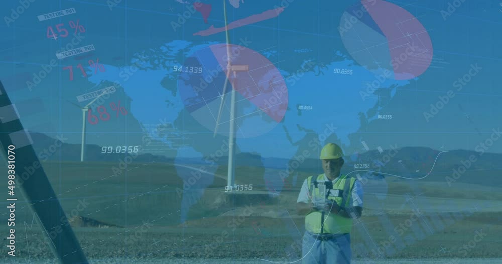 Poster Animation of statistics and data processing over wind turbines and engineer on blue background